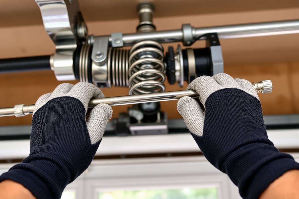Gloved hands using winding bars on a torsion spring during a repair