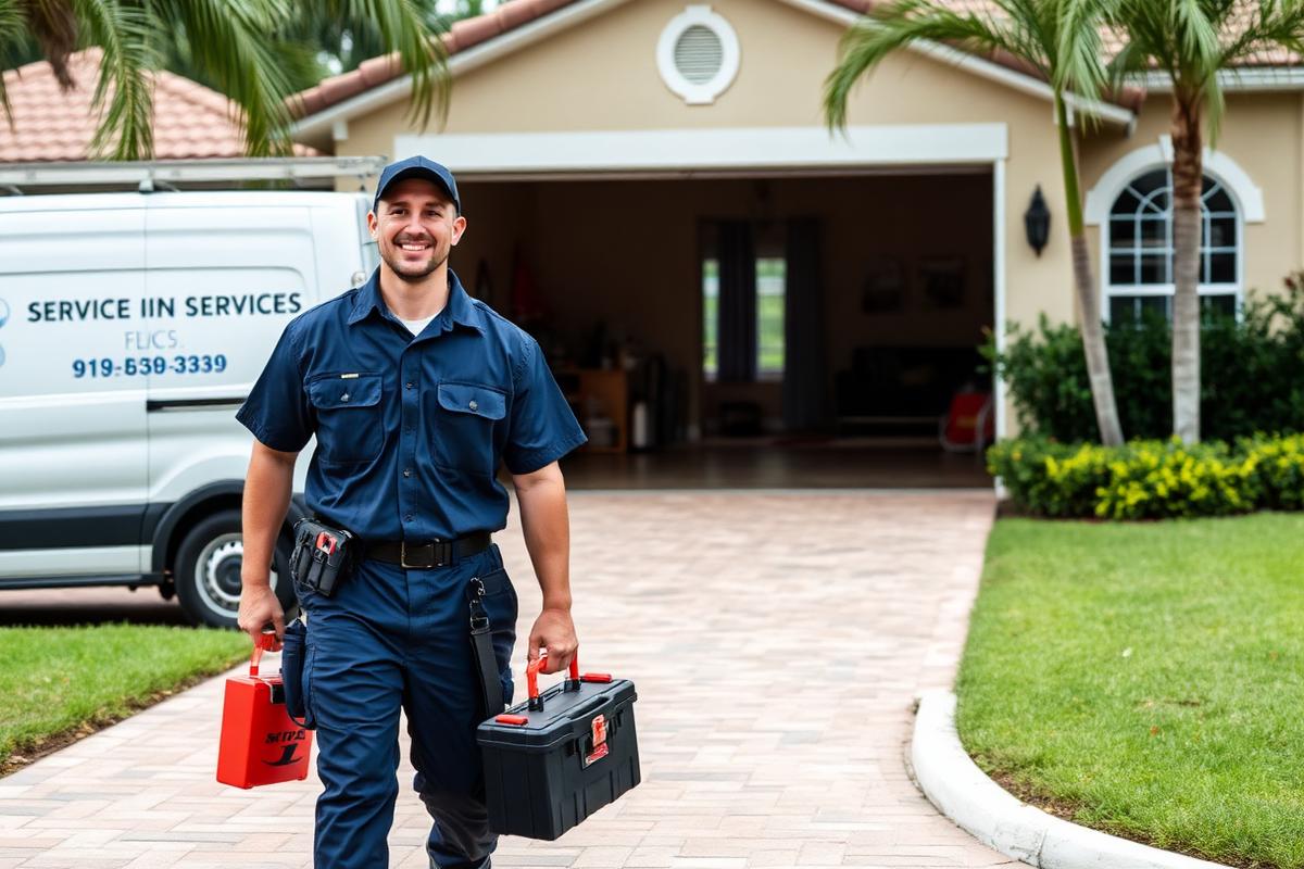 Garage door technician carrying tools up the driveway of a Lee County home